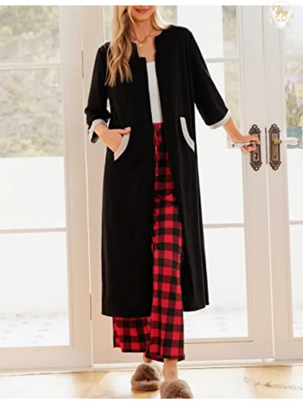 Women's Full Length Zipper Robe with Pockets, 3/4 Sleeve Housecoat